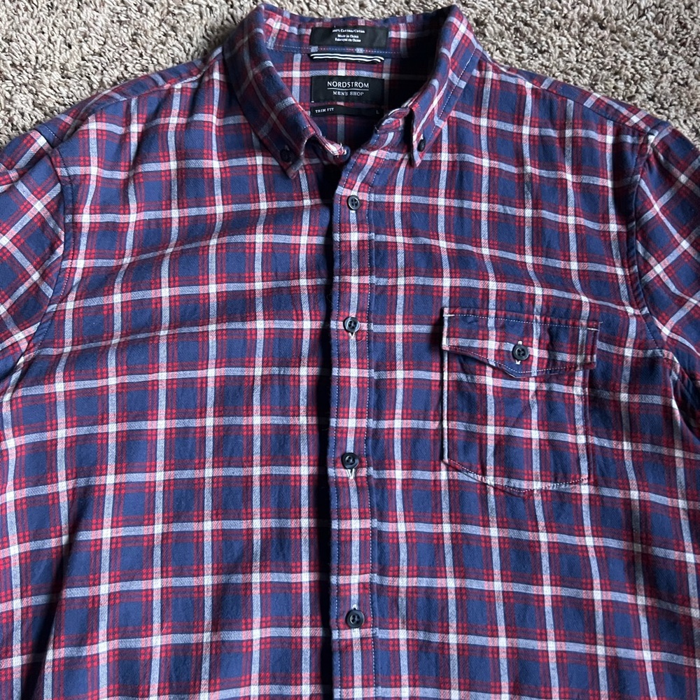 Nordstrom Mens Shop Trim Fit Large Red Blue Flannel Button Down Shirt Lined